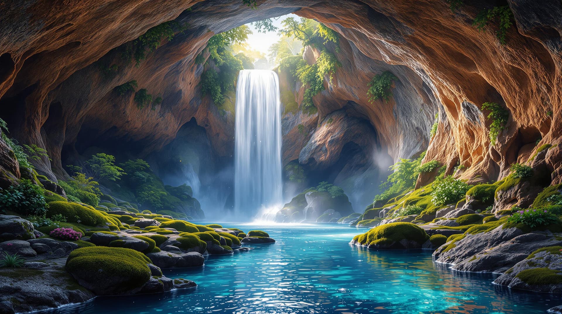 AI generated: landscape  underground with beautiful waterfall , surreal lighting
