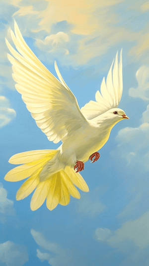 AI generated: Painting of a canary blue and white petals on a serene sky yellow background, soft colors, in style ...