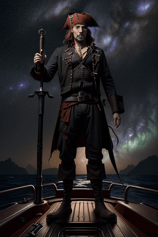 AI generated: full body 3/4 turn,head to toe image ,40 years old pirate staying on deck of submarine looking at da...