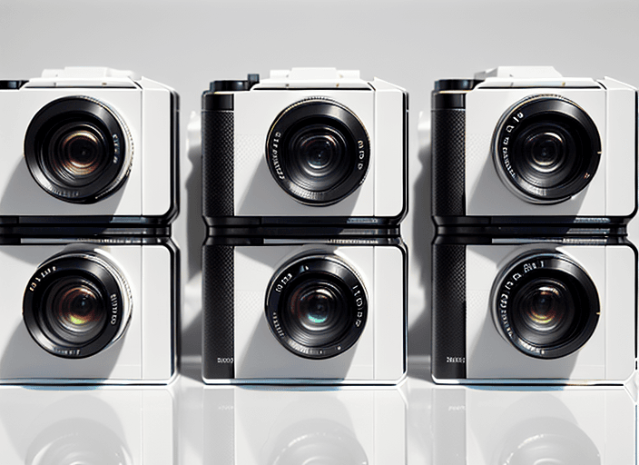 AI generated: Four slim cameras, spaced apart, on a glossy white surface, front view, hyper realistic, highly deta...