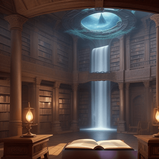AI generated: library interior, a photorealistic magical ancient library from a distance universe 4k book waterfal...
