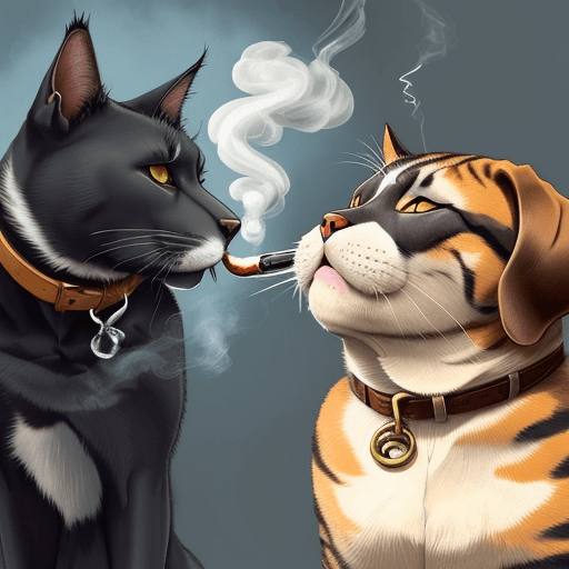 AI generated: A cat smoke a cigare on a big dog