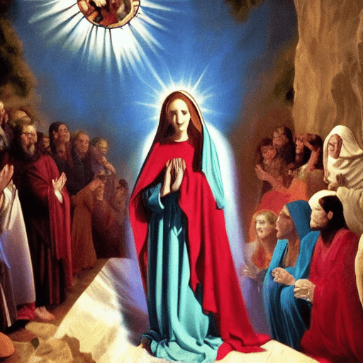 AI generated: Virgin Mary appears from heaven, full body, fromt facing, radiating love, speaking with a crowd, ang...