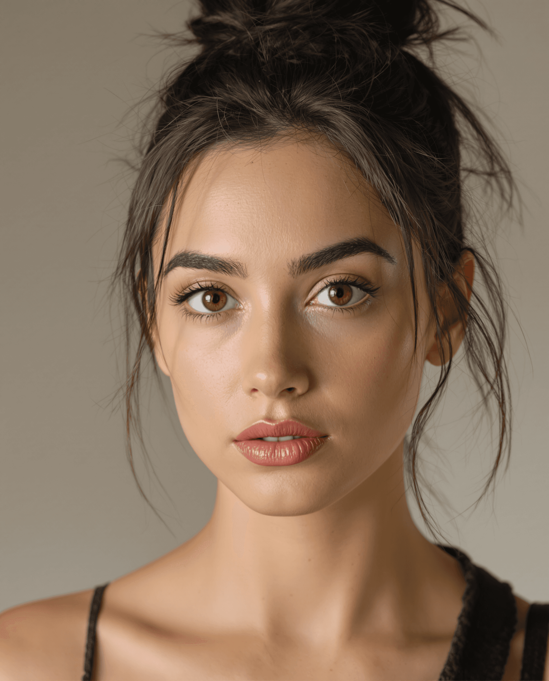 AI generated: "A hyper-realistic, ultra-detailed close-up portrait of a brunette woman with deep brown eyes and da...