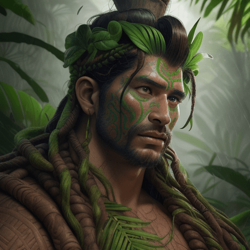 AI generated: Create a hyper-realistic portrait of the Mayan god Chaac, surrounded by a lush and verdant jungle. U...