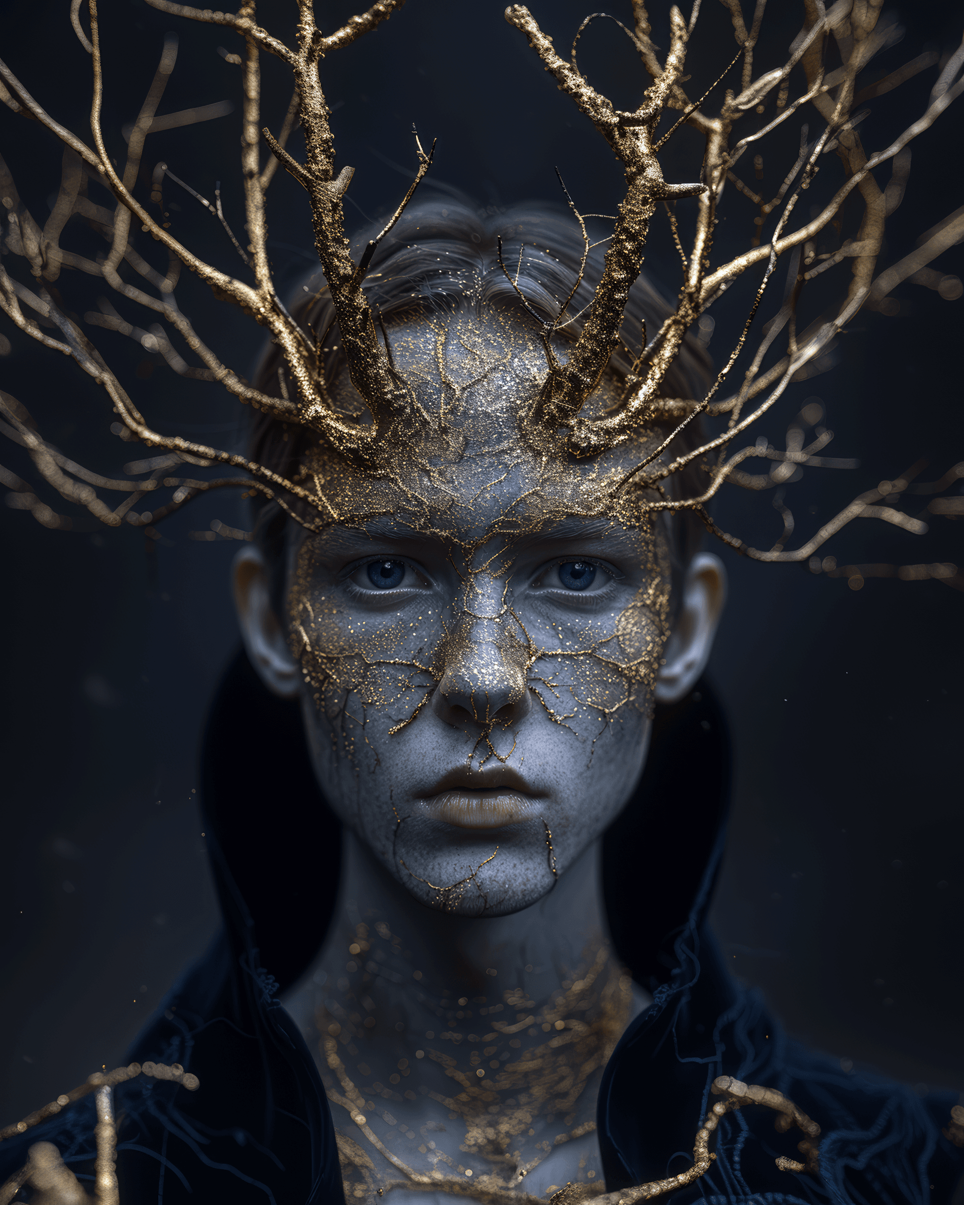 AI generated: figoores: The reincarnation of the human fly, absurd photography style, gold filigram horns, 3d, fin...