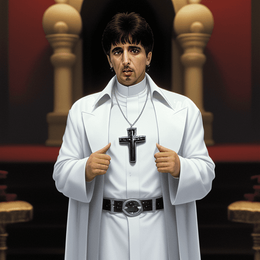 AI generated: tony montana aka scarface full body as a priest young face al pacino