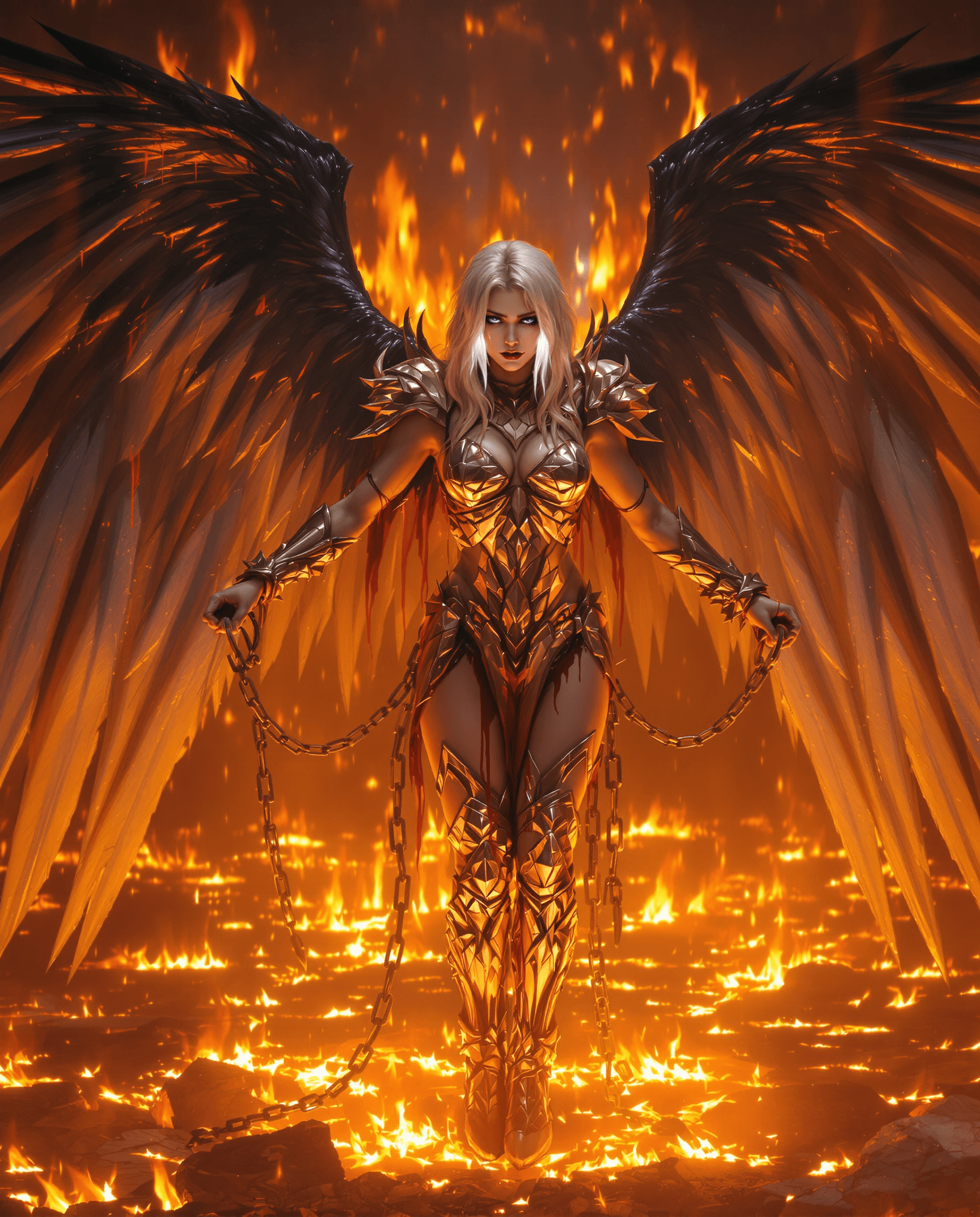 AI generated: A photorealistic picture of a beautiful blonde angel ((standing)) in a pit of fire, her blackend and...