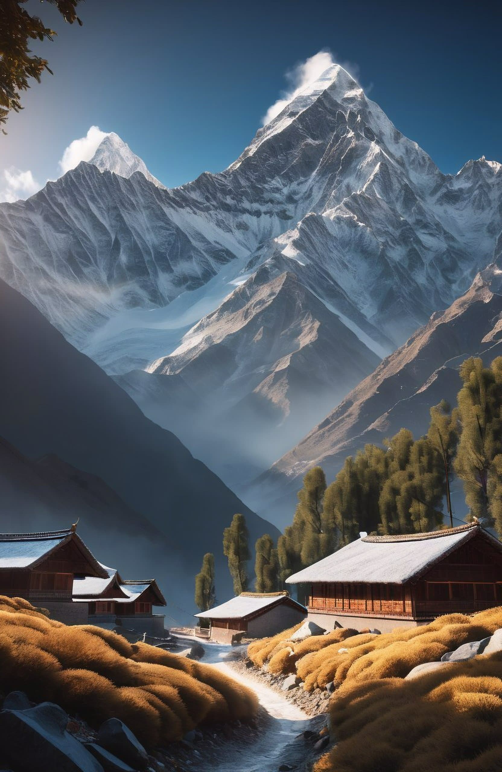 AI generated: action packed, mountains, mountain landscape, Himalayas, cozy wallpaper, 4k, high details, volumetri...