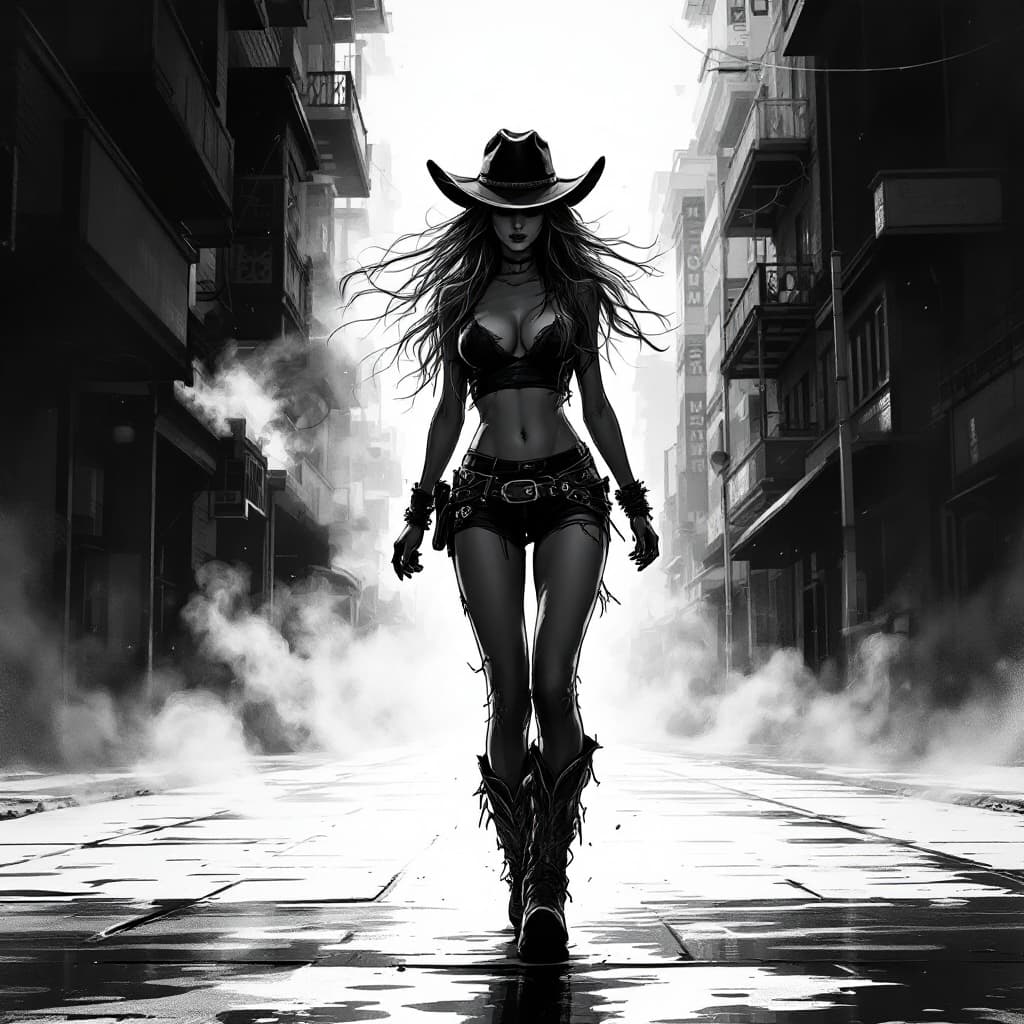 AI generated: A digital drawing of an urban cowgirl, full body, walking on the street, wearing cowboy boots and ha...