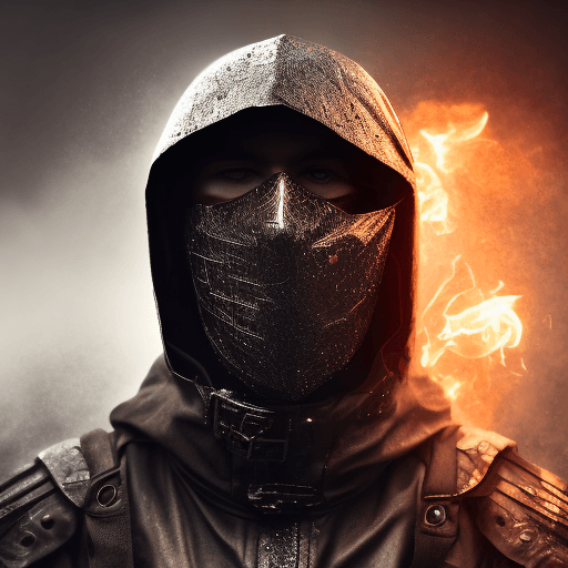 AI generated: masked man, dark torn hood, dark rainy foggy night, intricate dark and chrome damaged armor, smoke a...