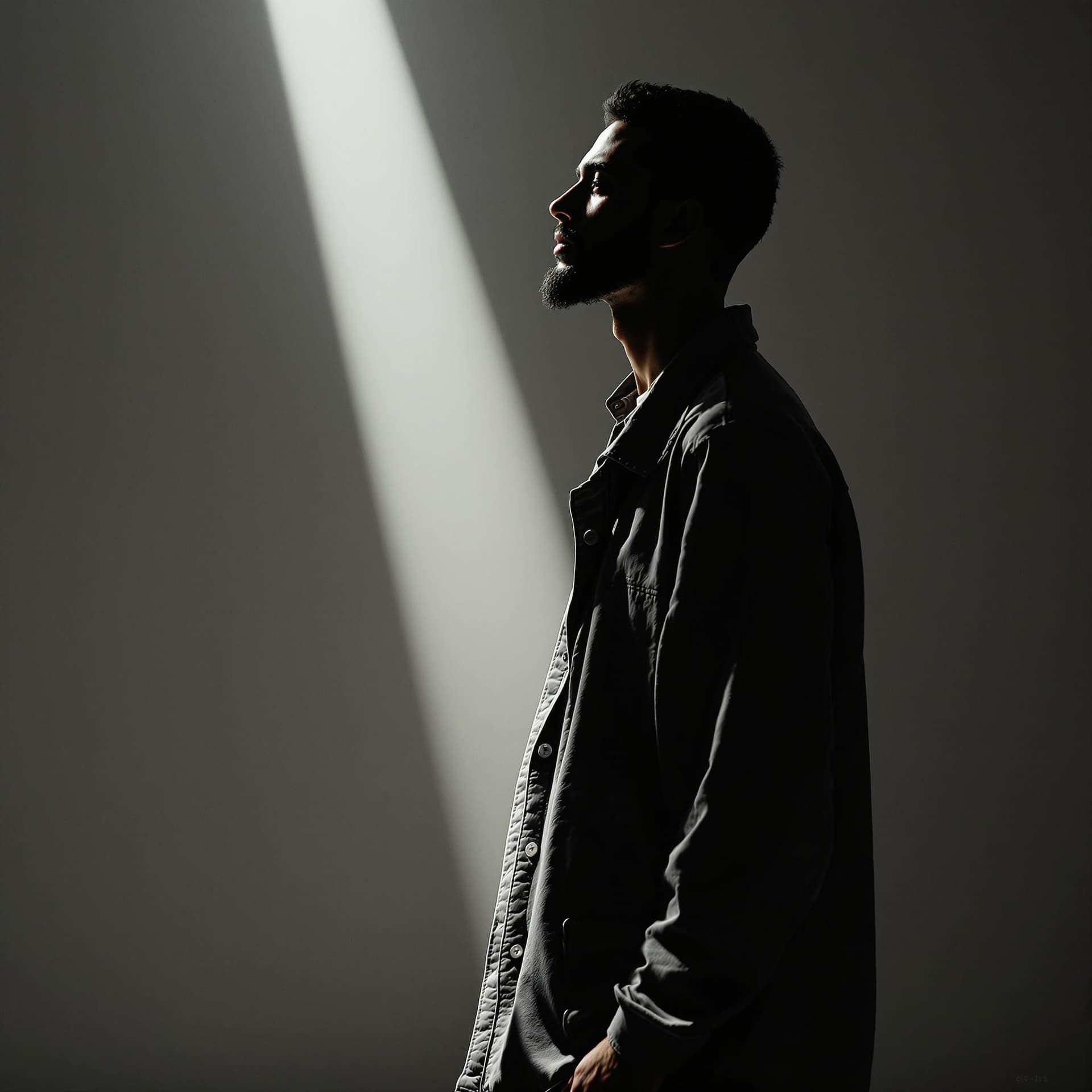 AI generated: photography, man in a minimalist scene, standing side, shaft of light that breaks through an otherwi...