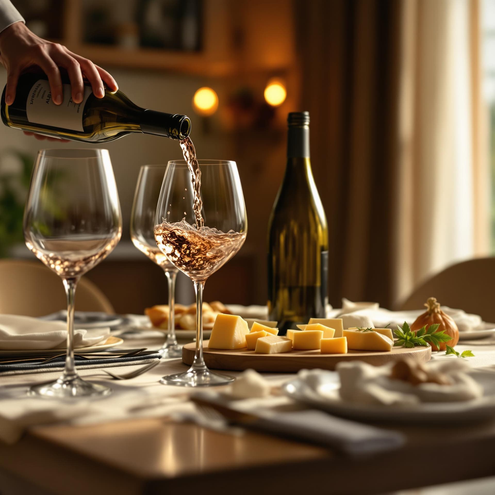 AI generated:  A warm, inviting image of a dining table set with wine glasses, a cheese platter, and a bottle of w...