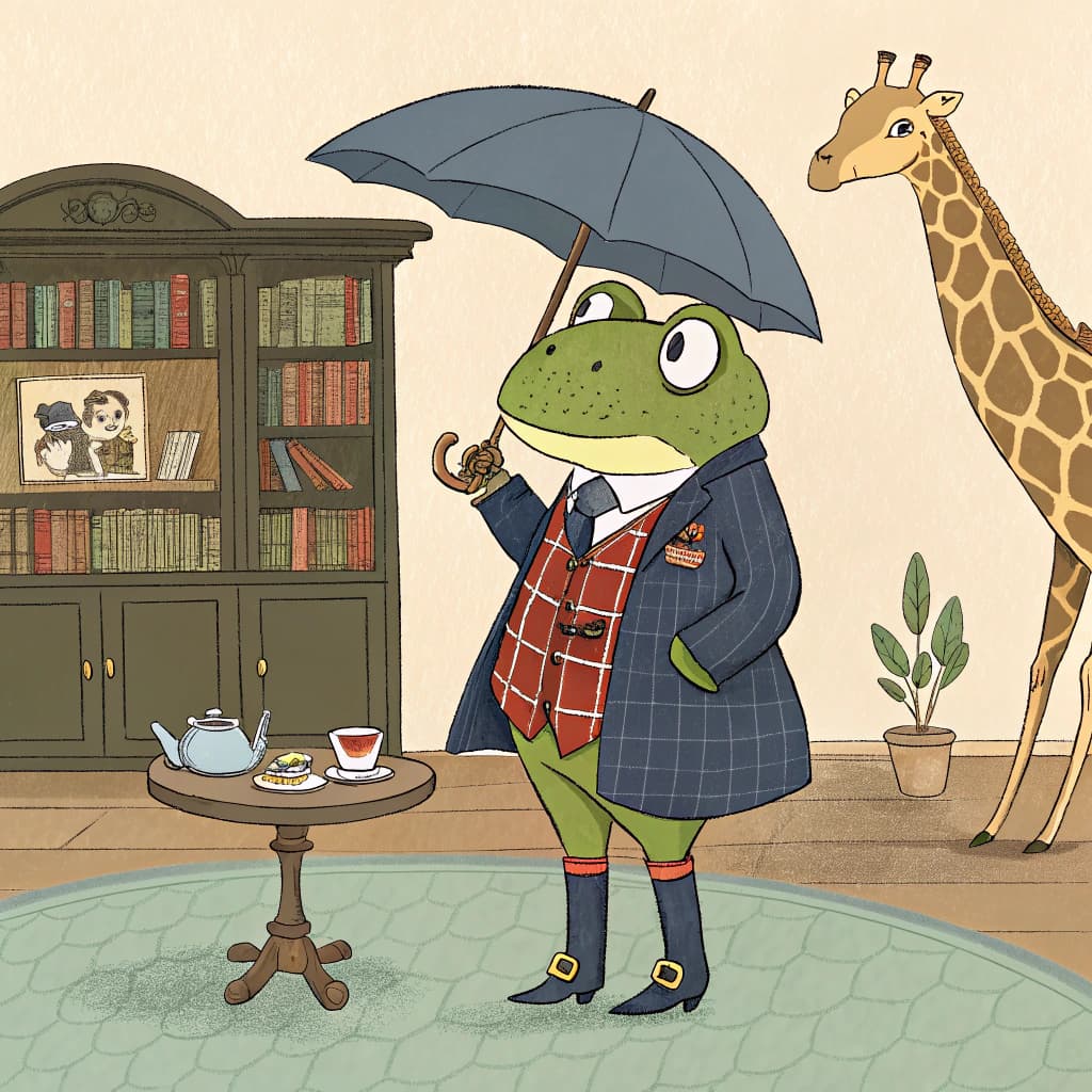 AI generated: close up, straight ahead angle at eye level, a frog wearing a tartan vest, dark blue suit,  spats an...