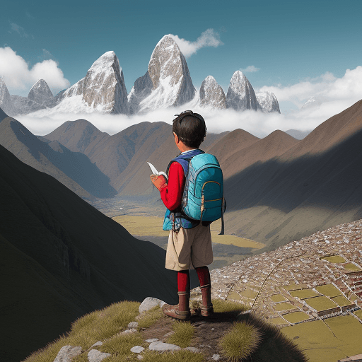AI generated: In this enchanting illustrated image, we see Teo Q, a 10-year-old boy from Cuzco, Peru, on one of hi...