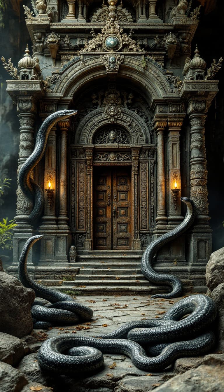 AI generated: HIGH DEFINITION realistic -mysterious indian temple with real snakes