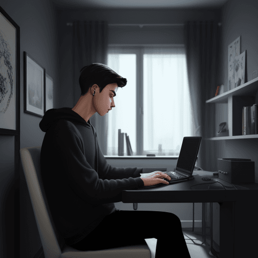 AI generated: young man, siting at computer in room, art style, 4 meters, dark colors