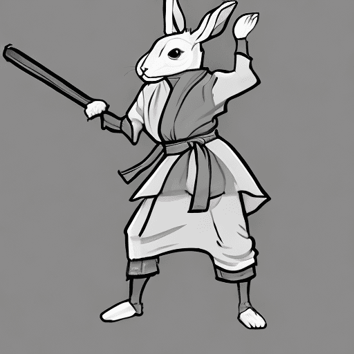 AI generated: sketch, no color, cartoon, line art, 2D, rabbit girl, monk, martial arts pose