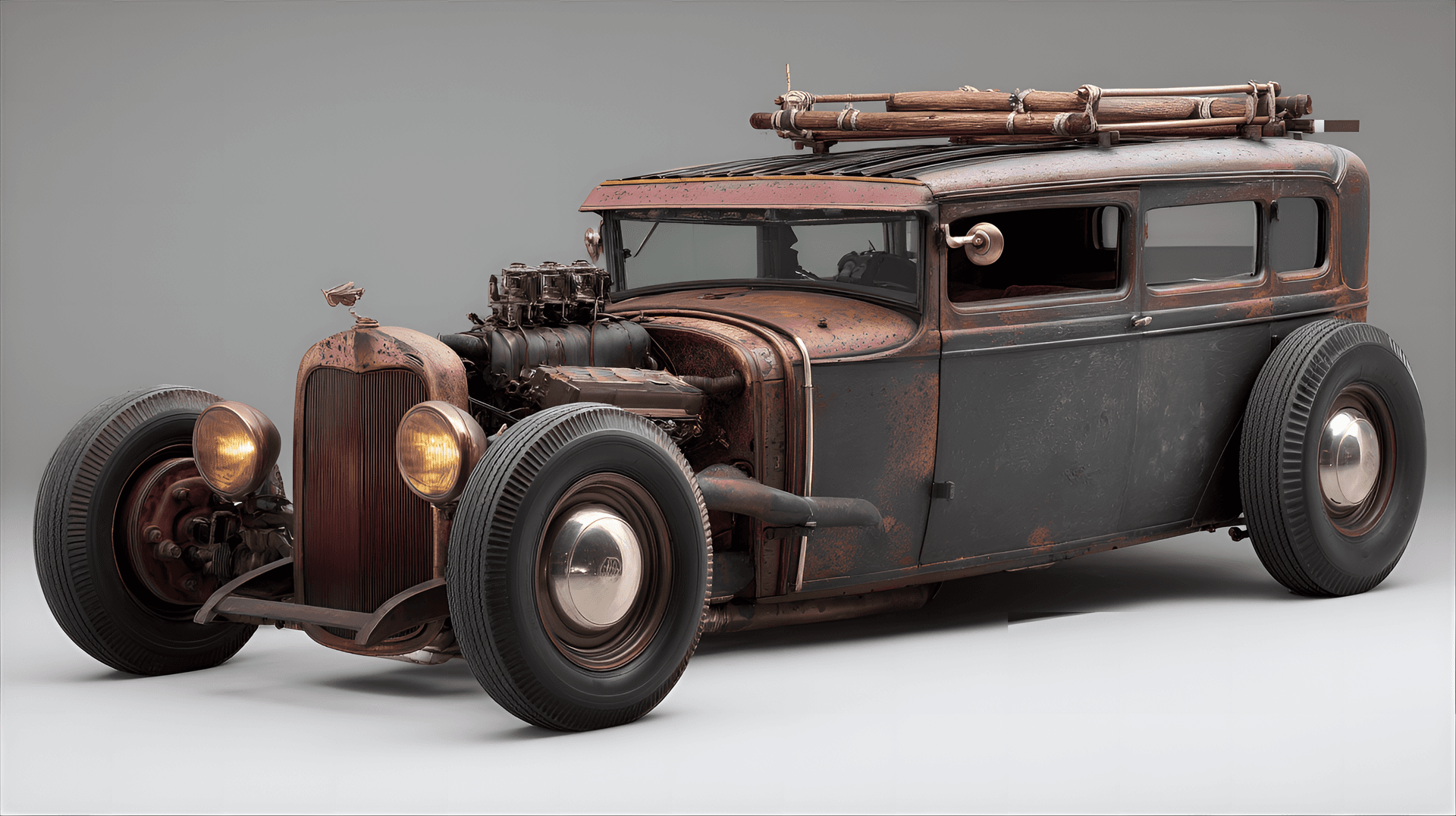 AI generated: Rusty, custom-built hot rod, vintage 1920s style, low profile, side view, dark charcoal gray and red...