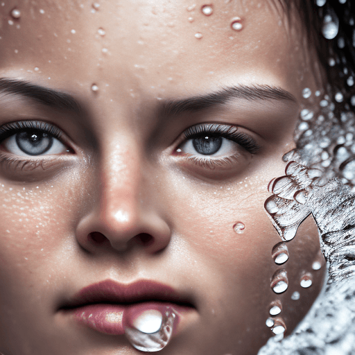 AI generated:  An extreme close-up shot of water droplets falling on a woman's face, realistic detail, sharp focus...