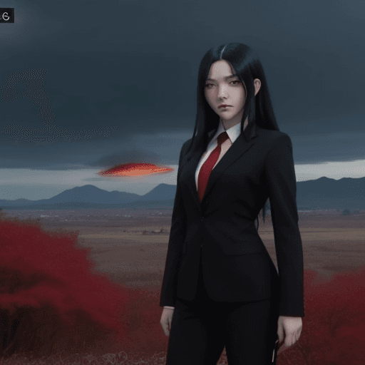 AI generated: demon slayer screencap of a female with black long hair and red eyes. Beautiful scenery behind her. ...