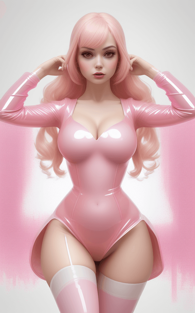 AI generated: high-resolution glitching, full-close photo of an attractive dd-cup woman wearing a pink latex tinyg...