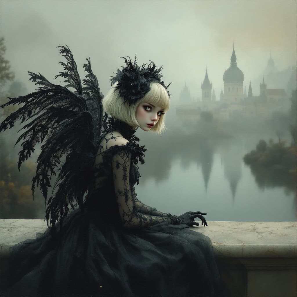 AI generated: surreal gothic-styled softly misty oil painting with muted colors of a surreal, whimsical black cat ...