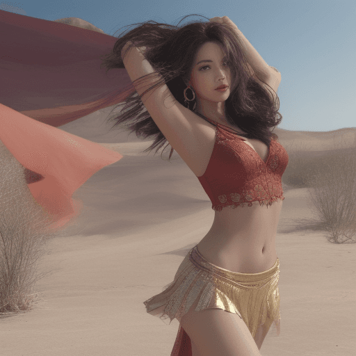 AI generated: The image depicts a gorgeous woman with waist length raven locks in a red belly dancing outfit, posi...
