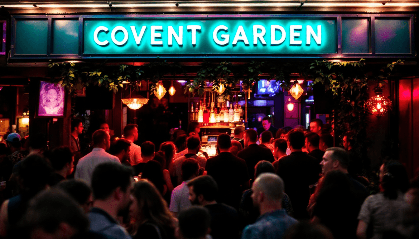 AI generated: A crowded bar at night. Vivid colors. Teal sign which reads "COVENT GARDEN"