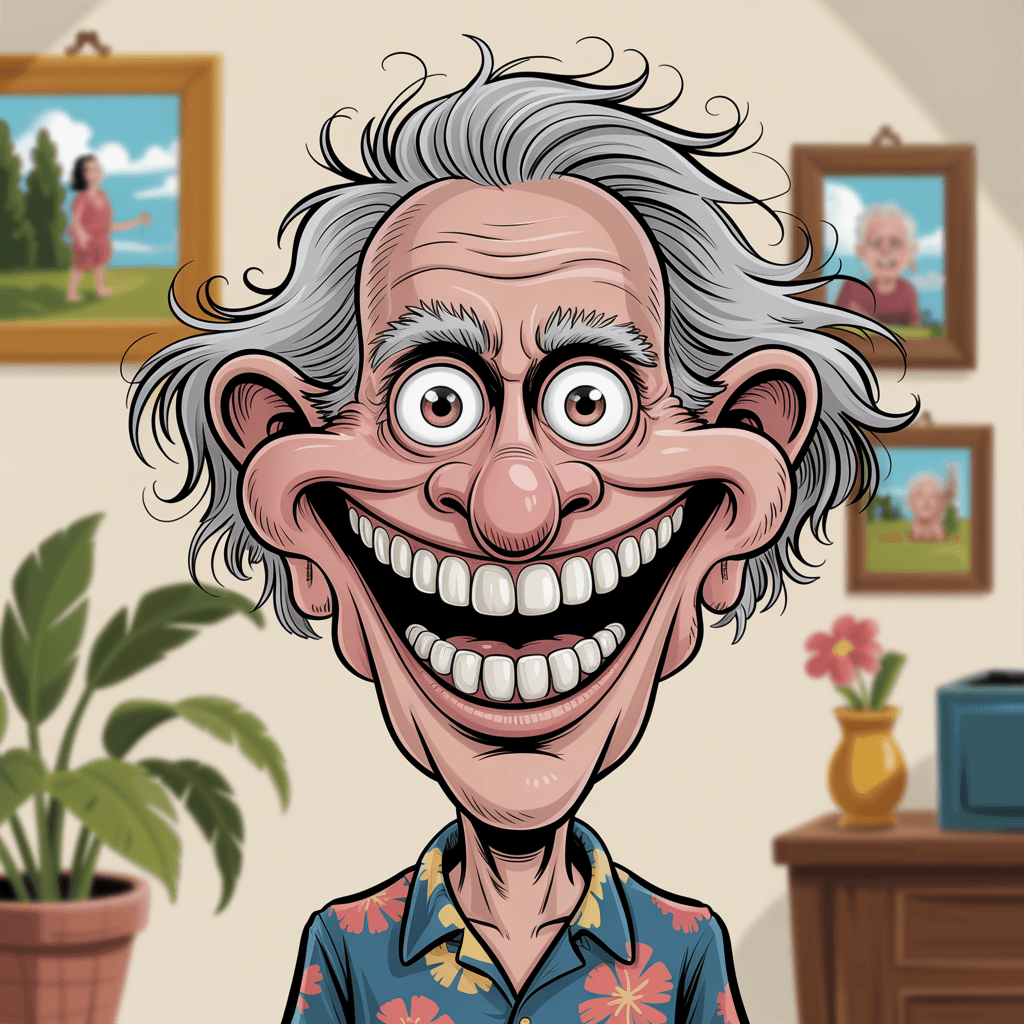 AI generated: funny caricature, exaggerated cartoon human, male, 77 years old, wild- silver haired, big-nosed, too...