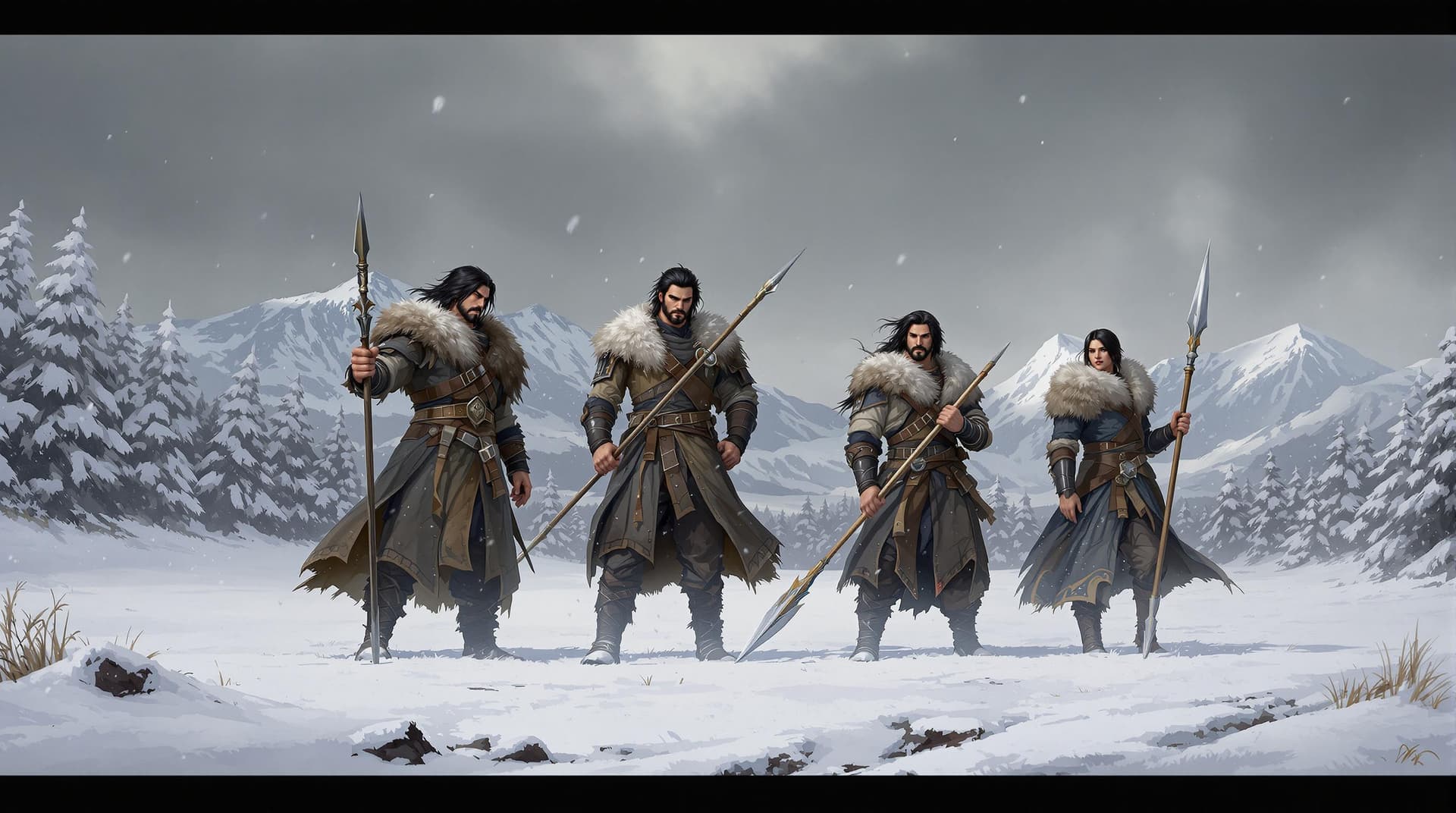 AI generated: a wide-angle, fantasy-themed painting of four warriors in a snowy landscape. The four warriors are i...