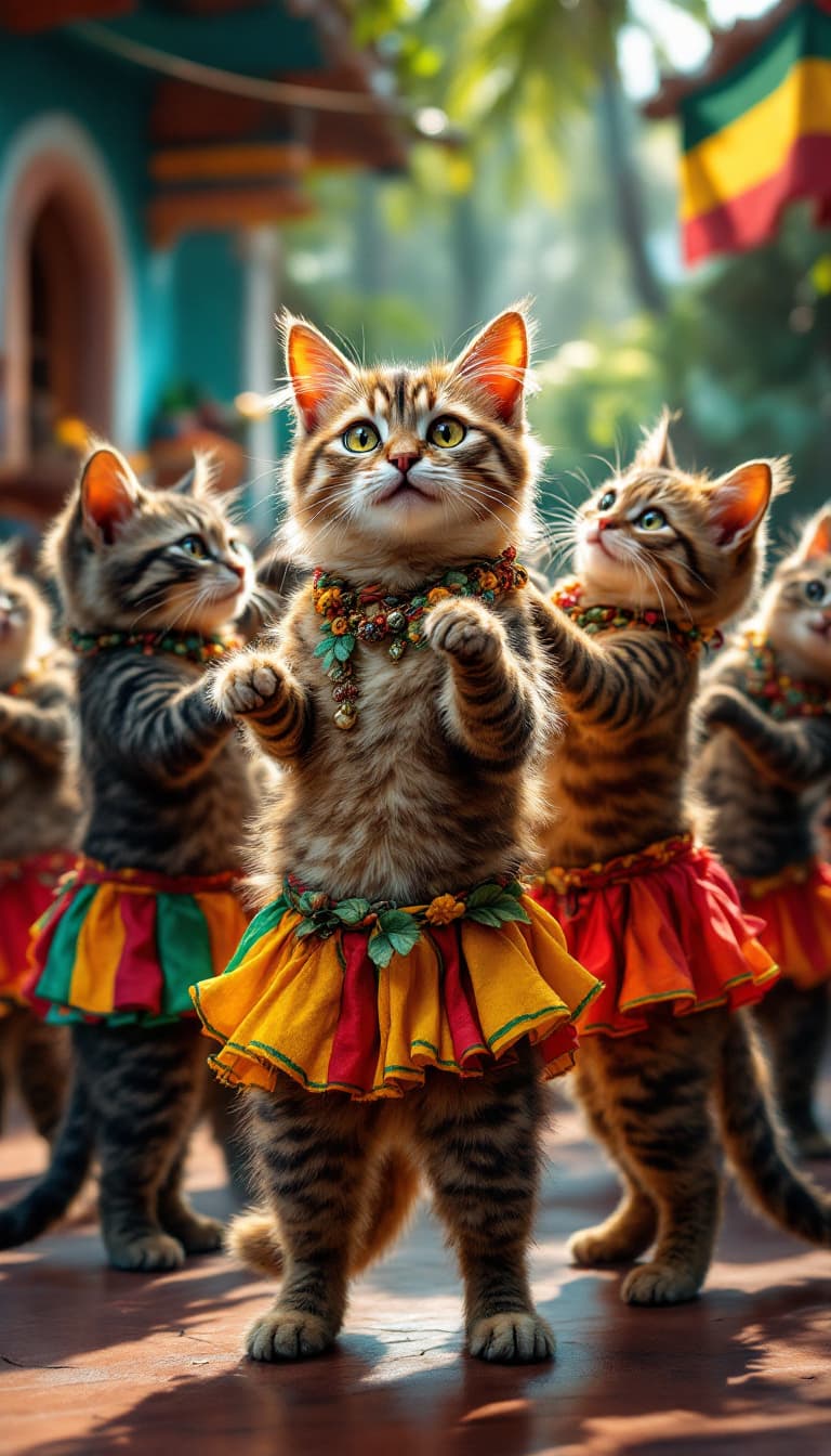 AI generated: hyper realistic Multiple breeds of Jamaican cats, standing on two legs like humans, engaging in a sy...