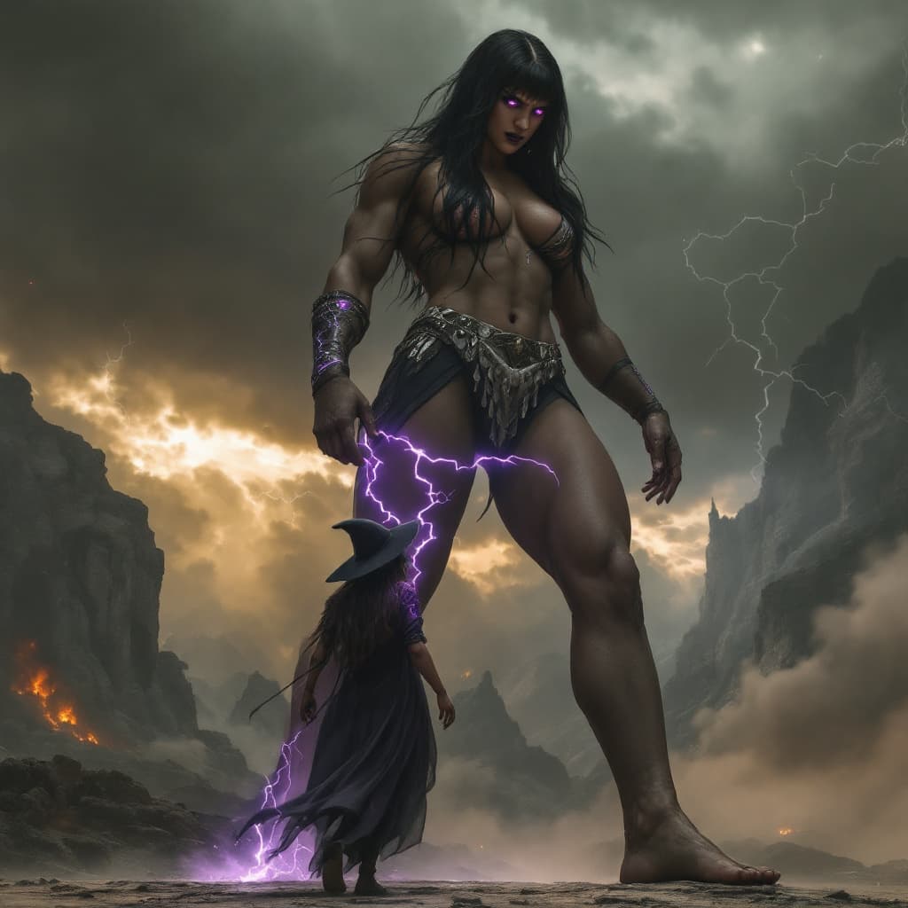 AI generated: 5 toes on foot, enormous giantess female Rhea Ripley from WWE with black medium length hair and stra...