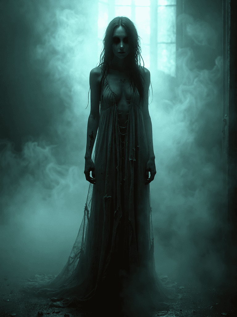 AI generated:  A hyper-realistic, cinematic image of a beautiful ghostly woman, her nude form gracefully cloaked i...