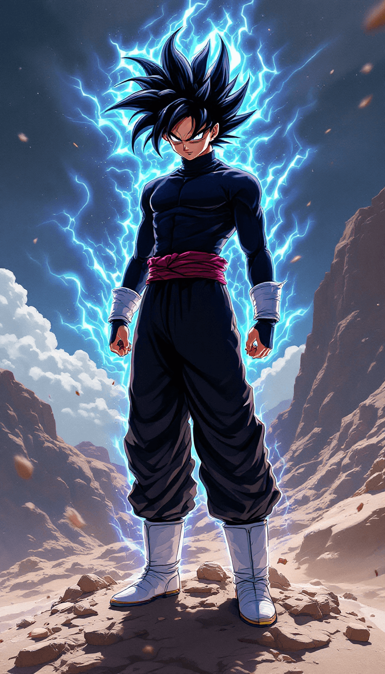 AI generated: Goku Black, black turtleneck, white boots 