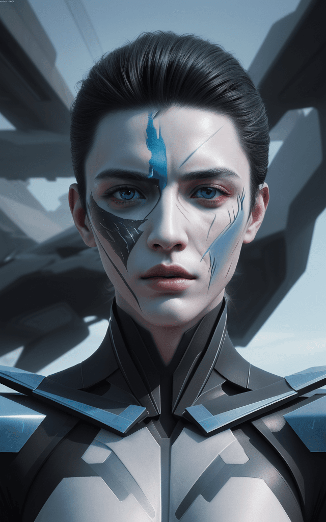 AI generated: futuristic art, balanced asymmetrical, detailed man face features, scars, meticulous portraiture, co...