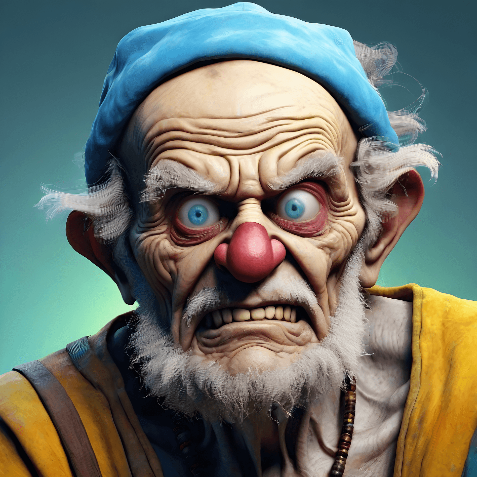 AI generated: old maniac man, 3D digital rendering, CGI (Computer-Generated Imagery), contemporary era, vibrant co...