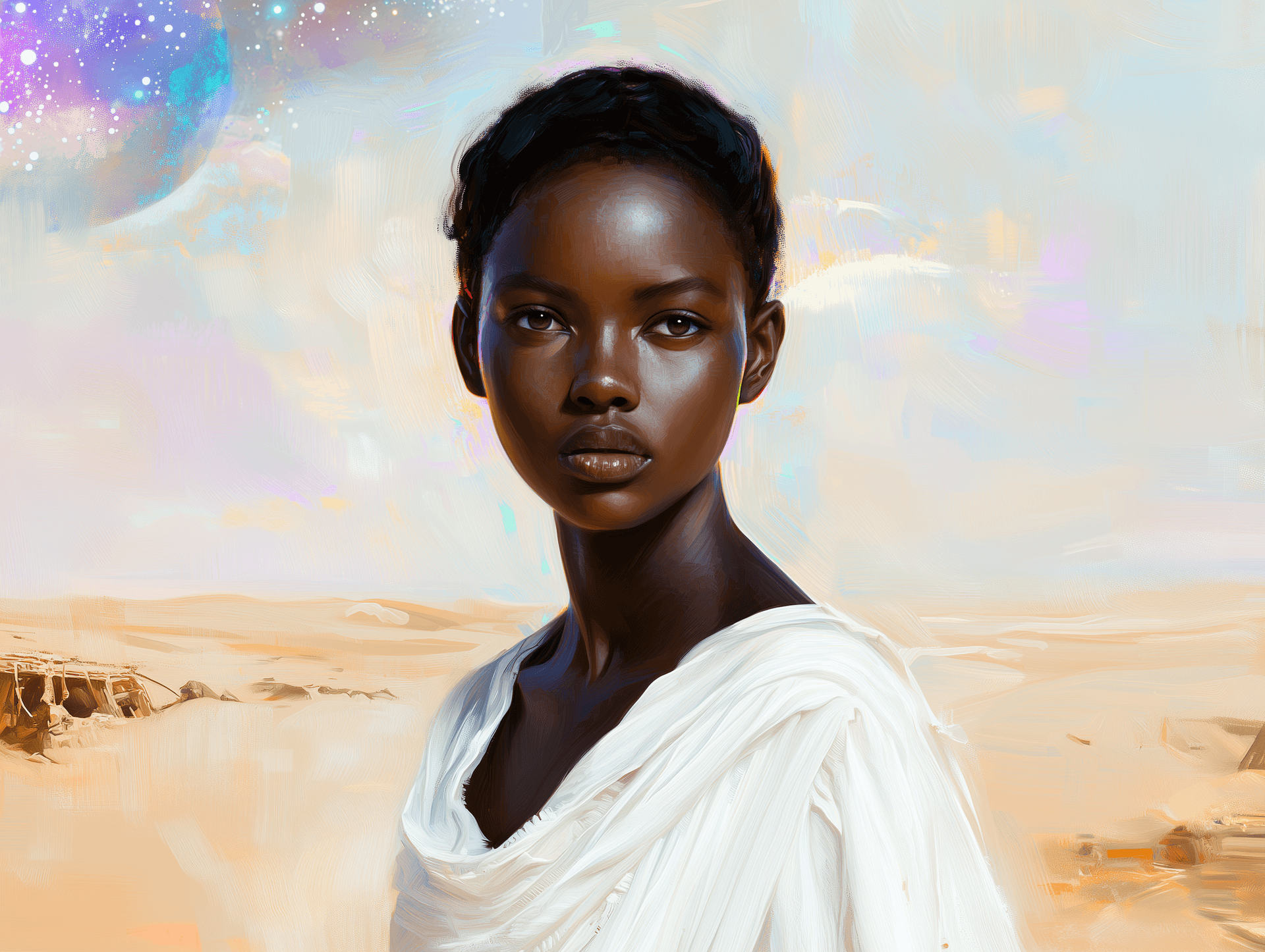 AI generated: A mysterious black-skinned woman in white linen , standing, surrounded by an ancient desert landscap...