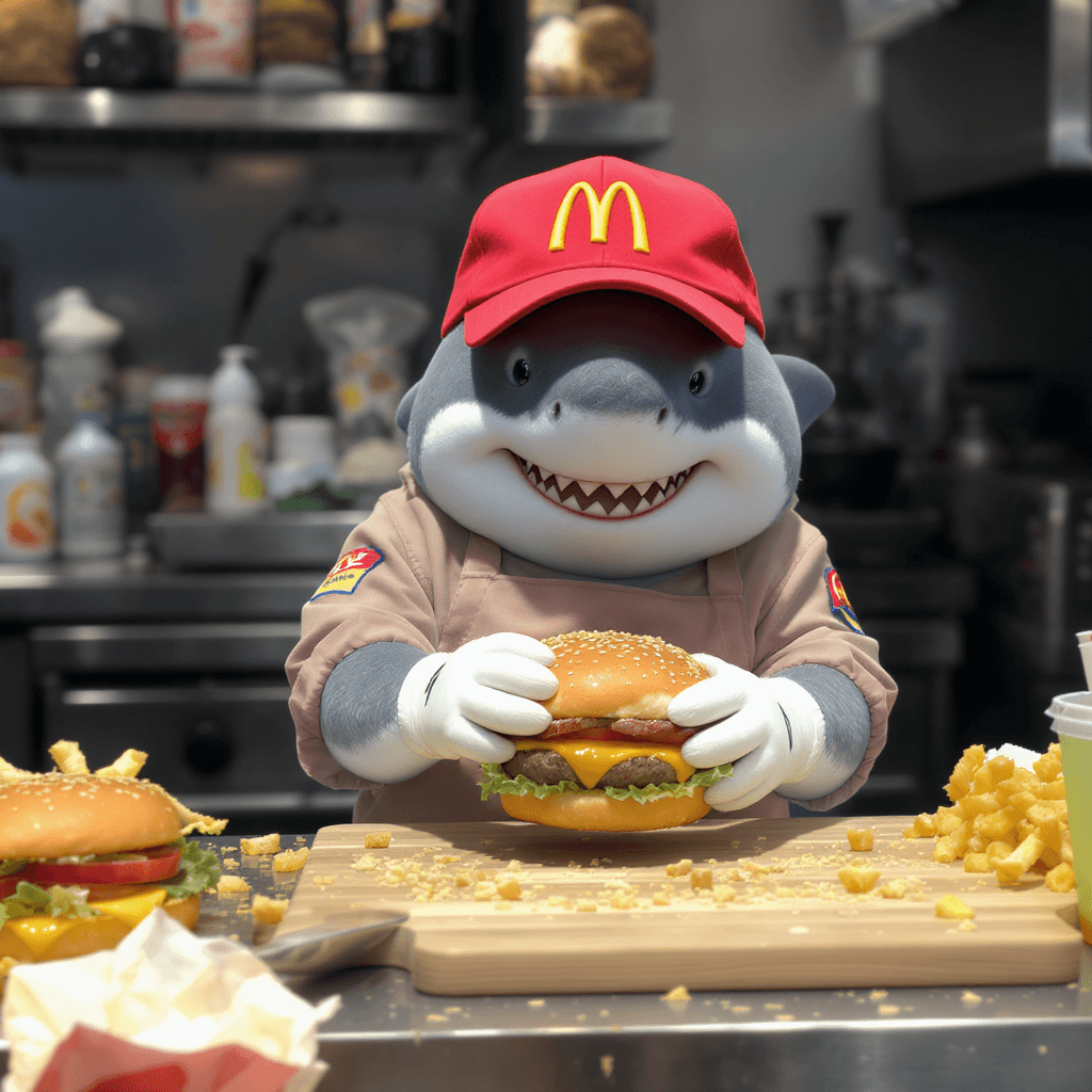 AI generated: photorealistic image of a adorable baby shark in mc donalds worker clothing with mc cap wearing two ...