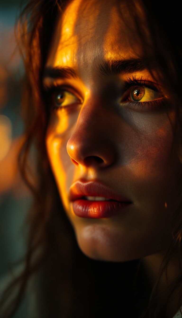 AI generated: Close-up portrait of a woman, her face lit by the soft glow from outside the window, her eyes reflec...