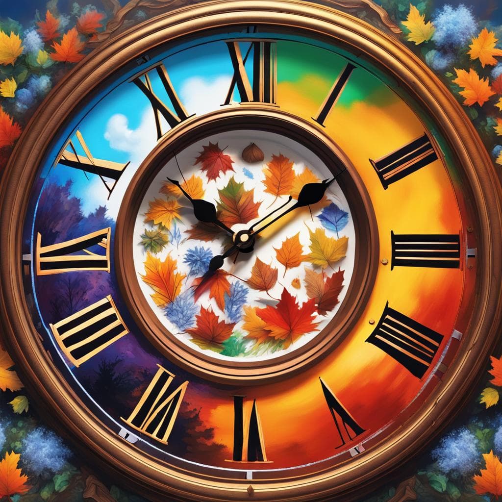 AI generated: Picture a clock where each hour is a portal to a different season - spring, winter, autumn, and summ...