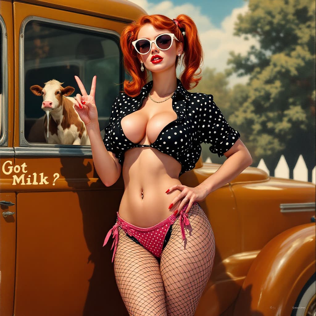 AI generated: A gill Elvgren pinup illustration, A beautiful busty Red headed woman in a black polka dot blouse an...
