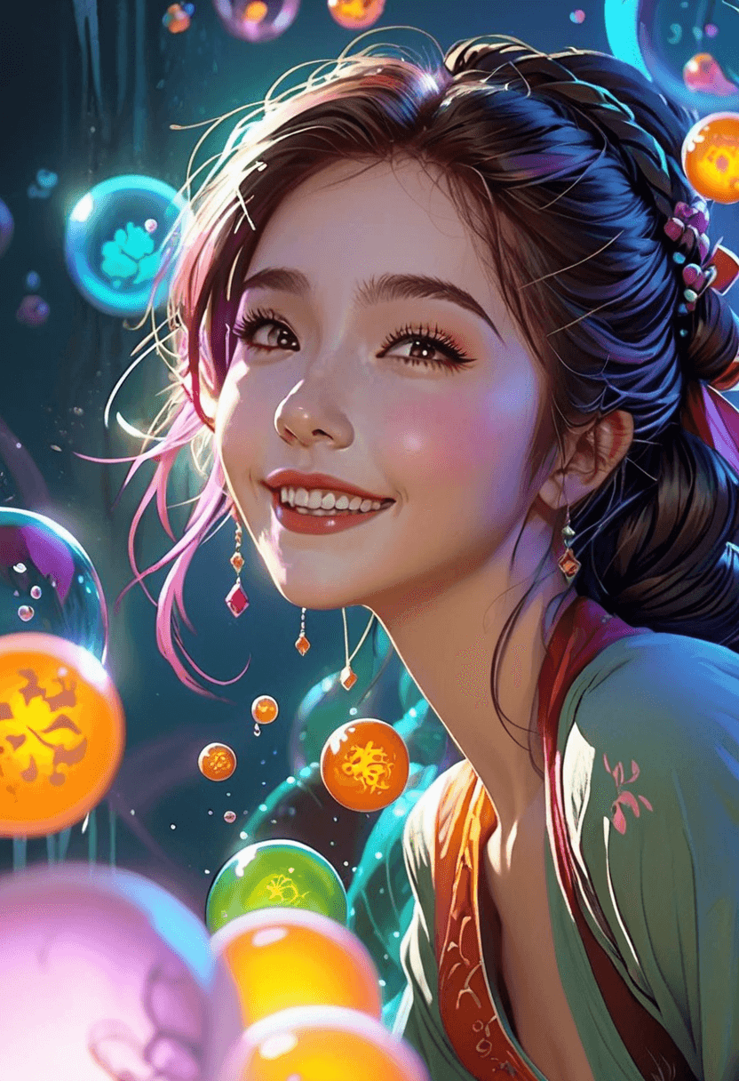 AI generated: a girl, laughing, surrounded by  colorful water bubbles