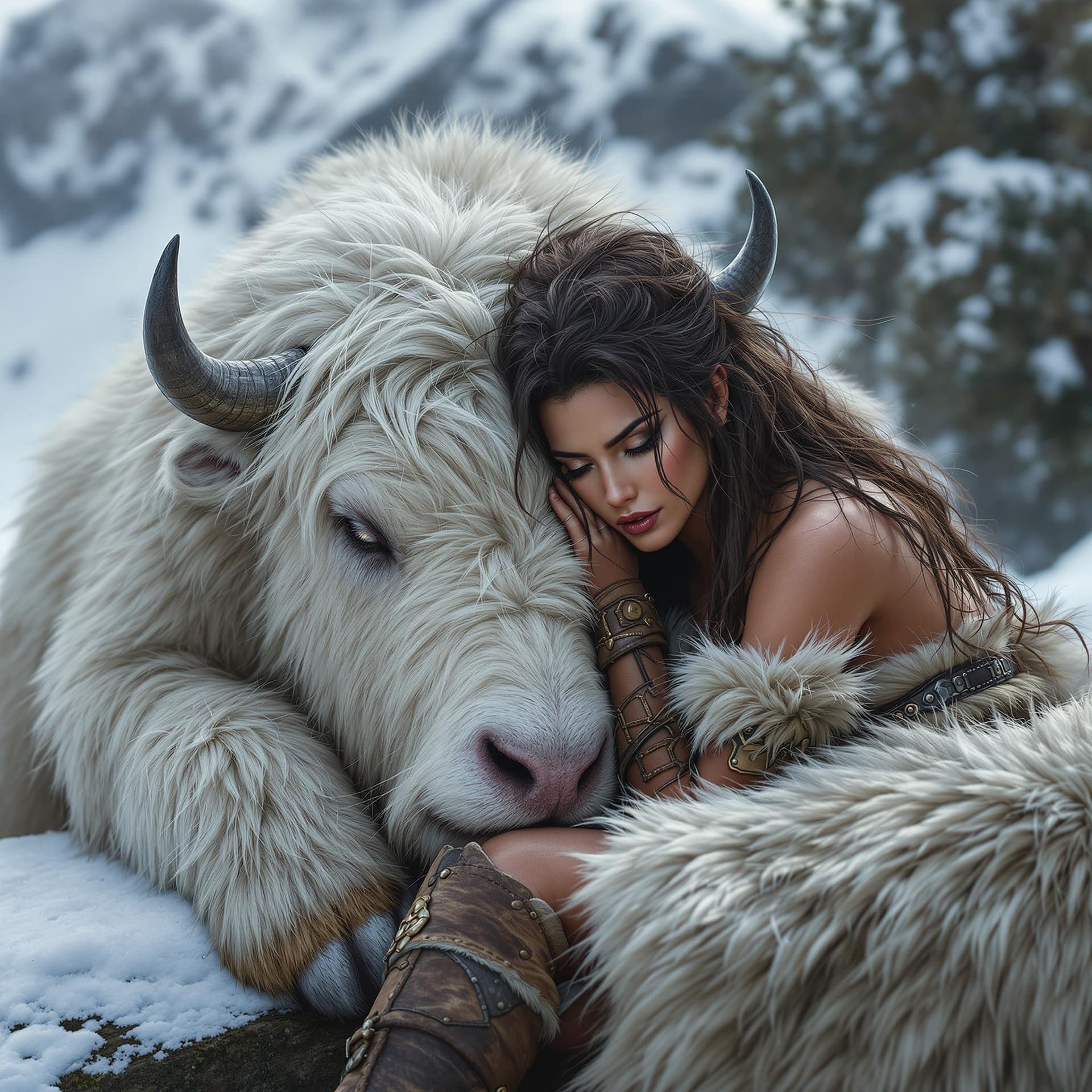 AI generated: Stunning image of a strong and beautiful barbarian warrioress with fierce brown eyes and long tousle...