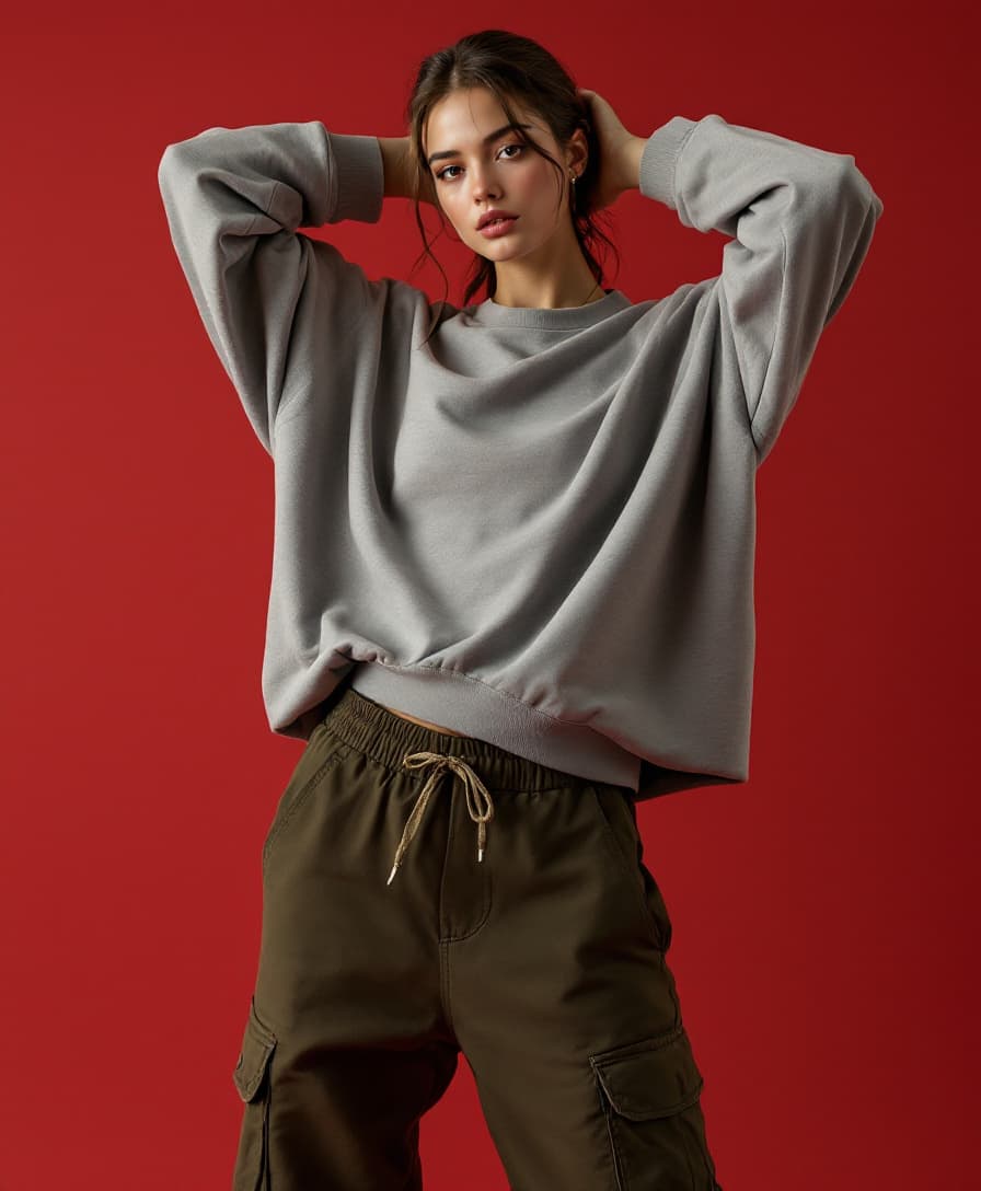 AI generated: fashion photograph of a model posing minimalist set, model is styled in a streetwear yet chic outfit...