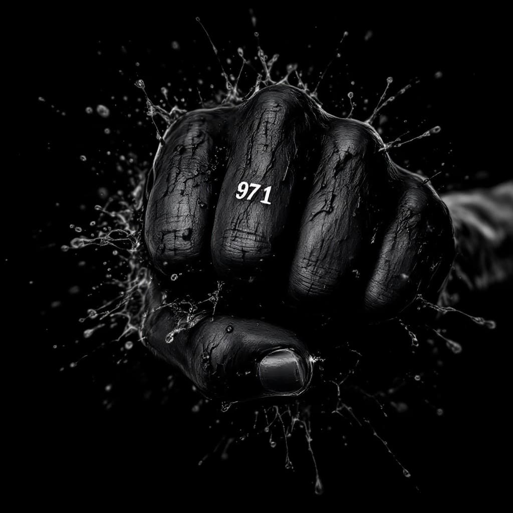 AI generated: a black fist hits the viewer in the face, the number 971 is tattooed on the fingers, a close-up of t...