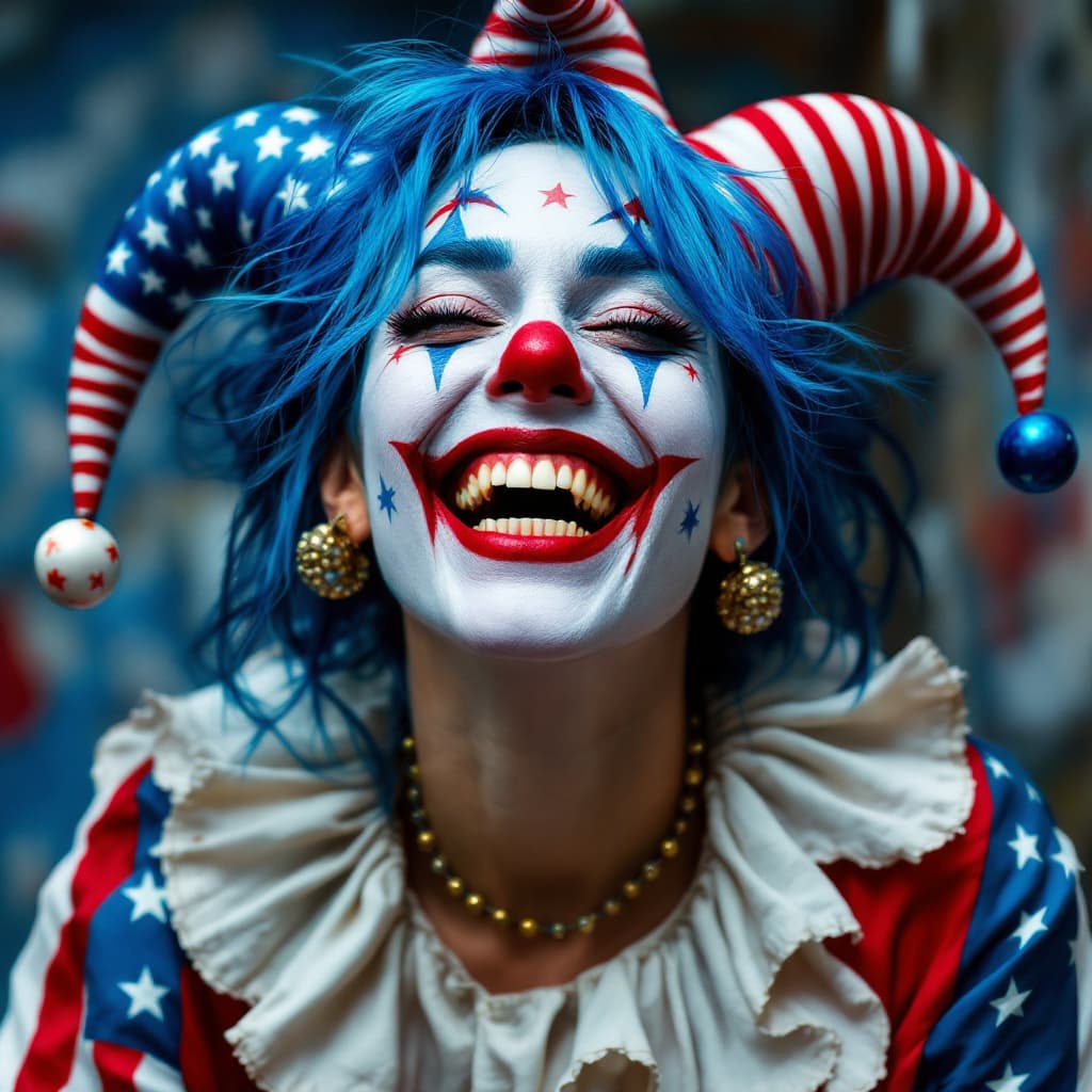 AI generated: A female jester with blue hair, wearing with American flag patterns, laughing heartily while showing...