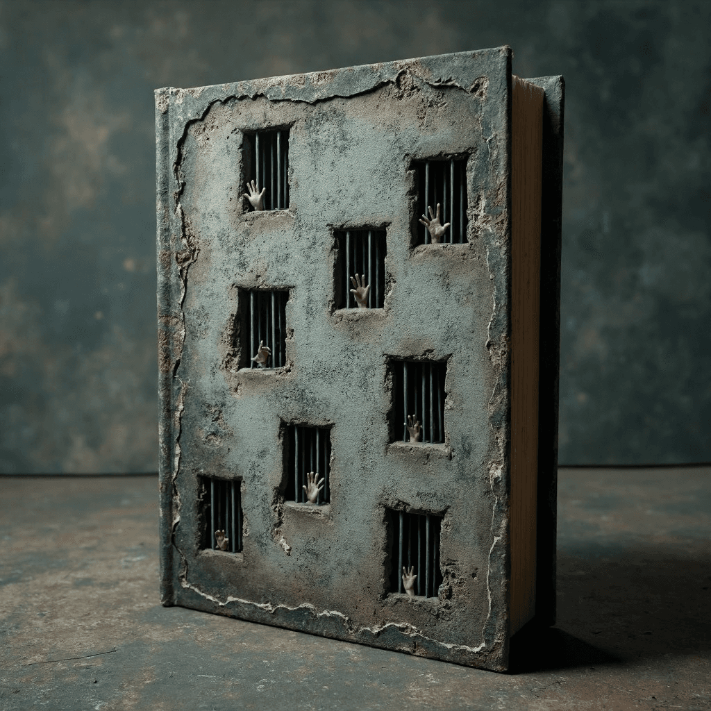 AI generated: An upright book rests on display, its cover transforming into the gray, worn wall of an old prison. ...