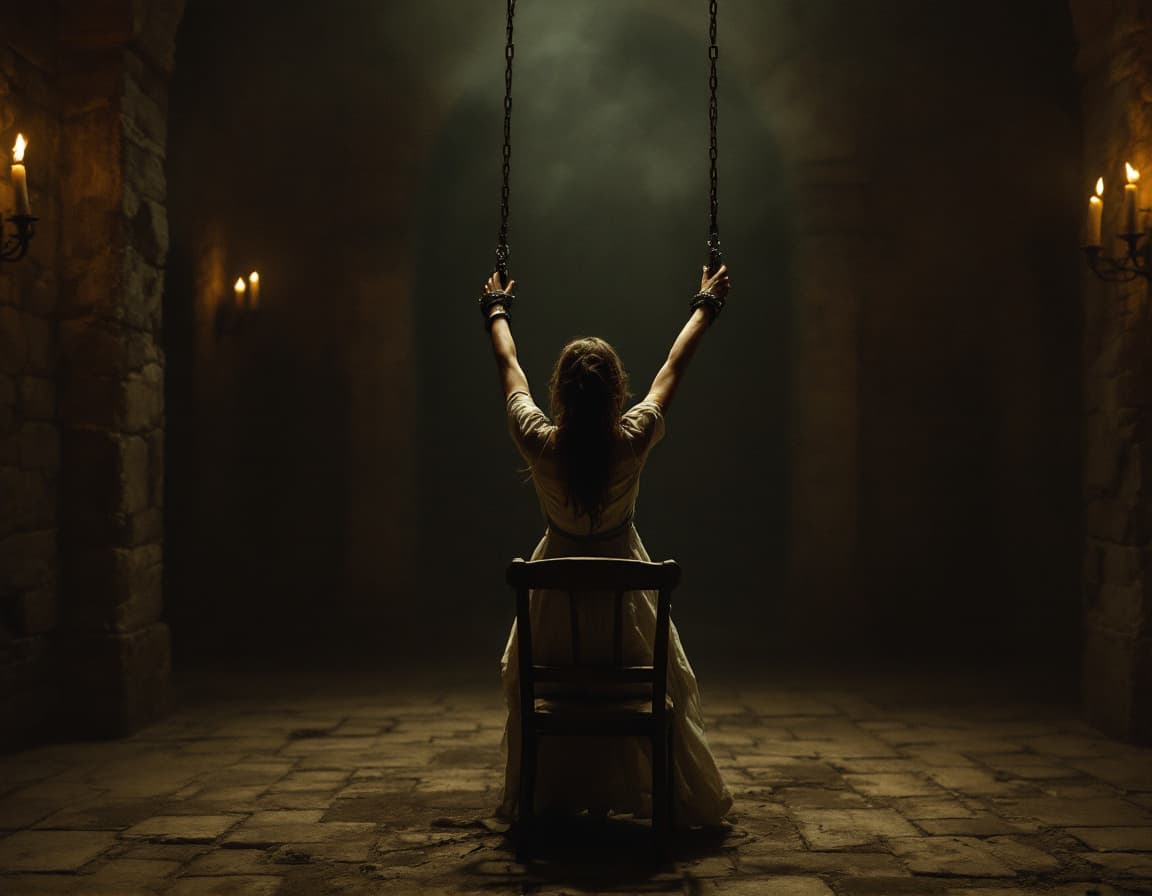 AI generated: In the center of a cold, dimly lit medieval chamber, a woman performs a slow, haunting dance. Her wr...