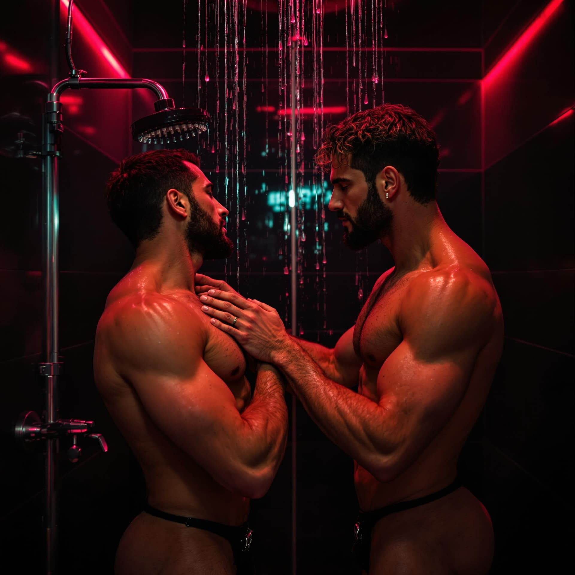 AI generated: two men in a shower wearing very little and stroking each other, taught muscular physique, neon ligh...